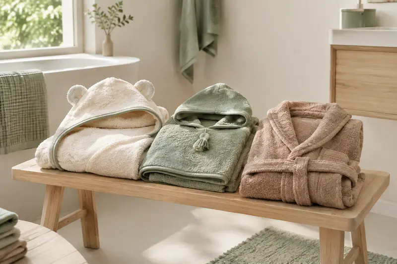 Cape, poncho et peignoir de bain bébé pliés sur un banc en bois clair