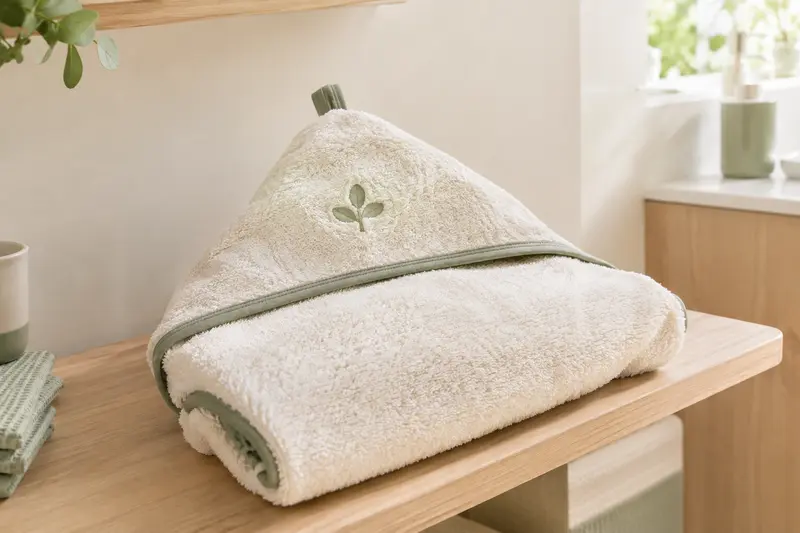Cape de bain ivoire pour bébé pliée, capuche déployée sur une tablette
