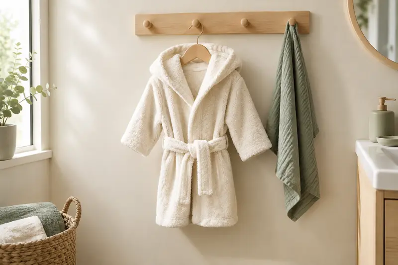 Peignoir de bain ivoire pour bébé suspendu avec sa ceinture et sa capuche
