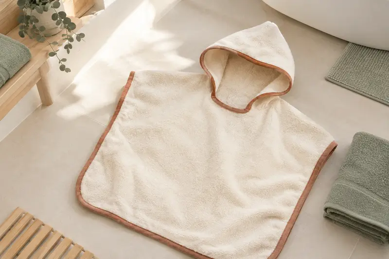 Poncho de bain crème pour bébé posé à plat avec sa capuche visible