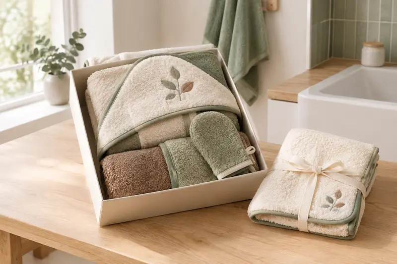 Coffret de sortie de bain avec cape, serviette et gant pliés