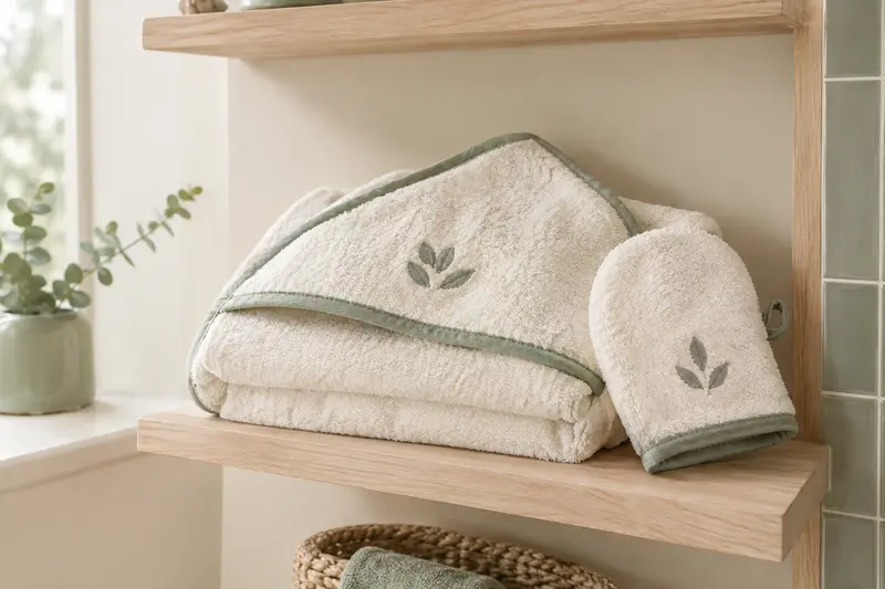 Ensemble coordonné de cape de bain et gant pour bébé, pliés côte à côte