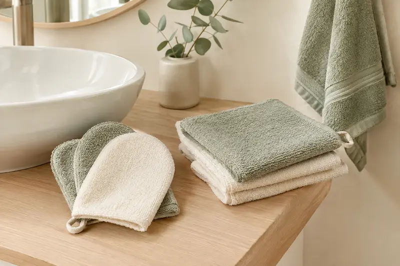 Gant et carrés de toilette pliés au bord d’une vasque claire