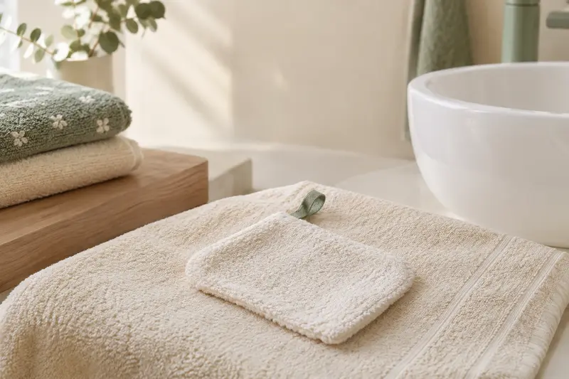 Gant de toilette ivoire pour bébé posé sur une serviette pliée