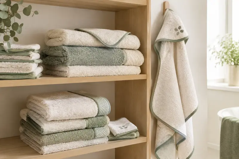 Piles de serviettes et draps de bain pour bébé sur une étagère claire