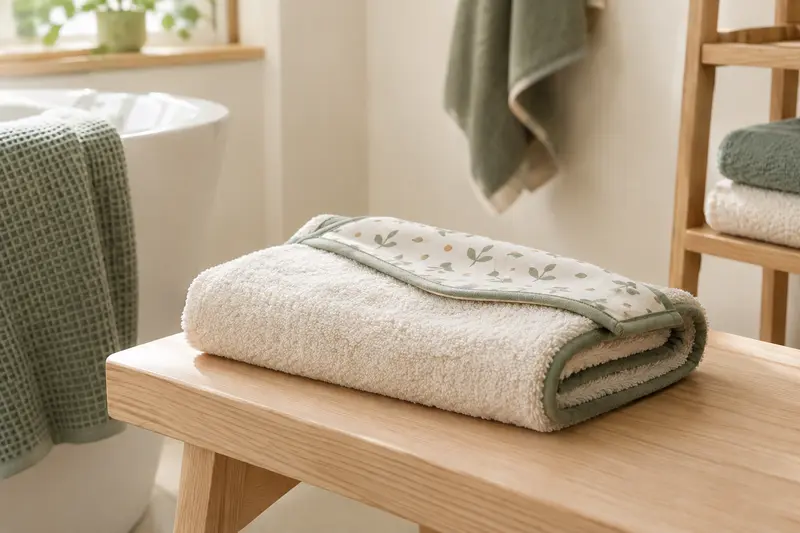 Serviette de bain ivoire pour bébé pliée avec un liseré vert sauge