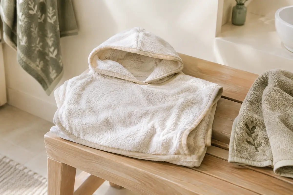Poncho de bain pour bébé plié dans une salle de bain lumineuse, avec sa capuche et une serviette à proximité