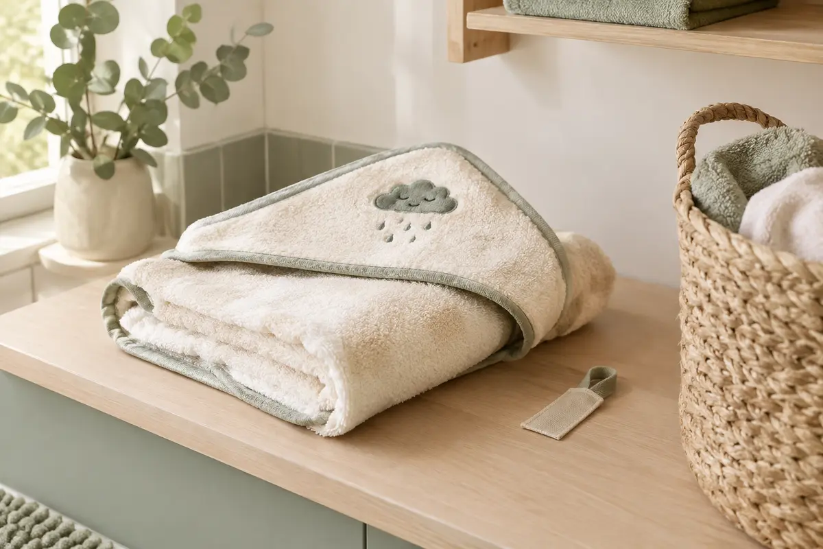 Serviette de bain pour bébé pliée dans une salle de bain lumineuse, prête à être rangée après séchage.