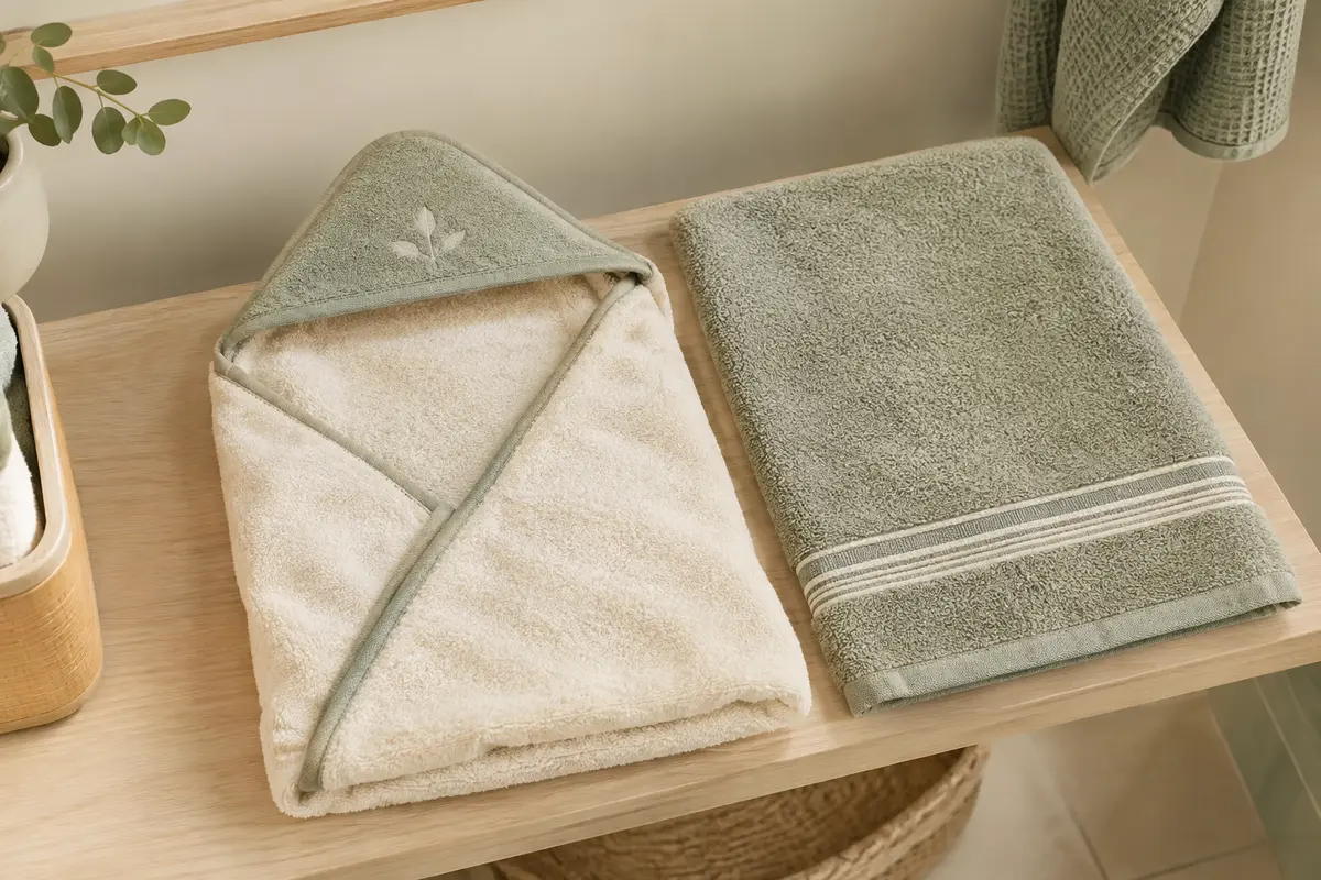 Cape de bain à capuche et serviette rectangulaire présentées côte à côte dans une salle de bain
