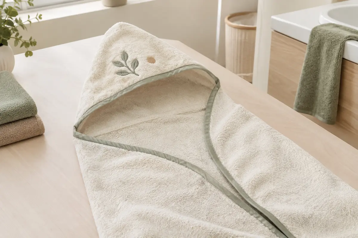 Cape de bain pour bébé posée à plat, avec sa capuche et sa couture d’assemblage bien visibles