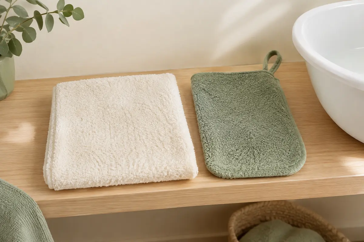 Carré de toilette ivoire posé à plat à côté d’un gant de toilette vert sauge sans pouce, près d’une bassine blanche
