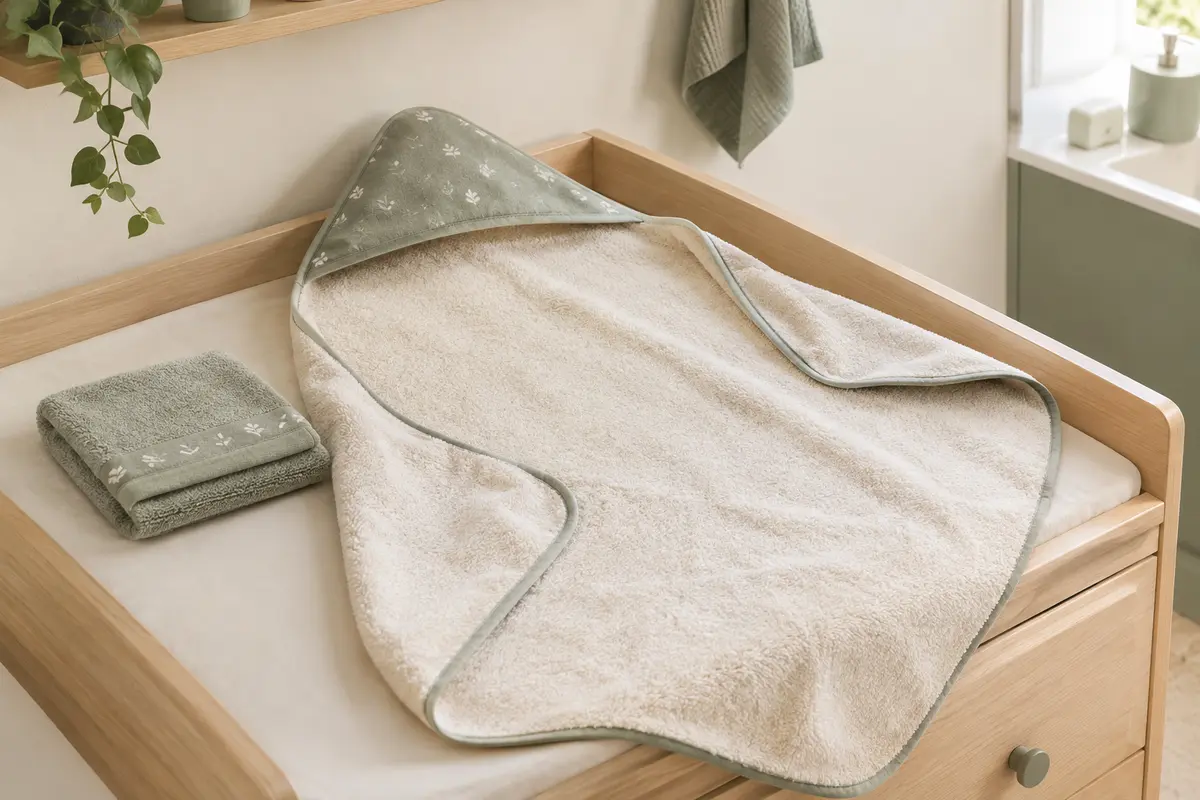 Cape de bain carrée pour bébé déployée sur une table à langer, avec sa capuche et ses pans visibles.