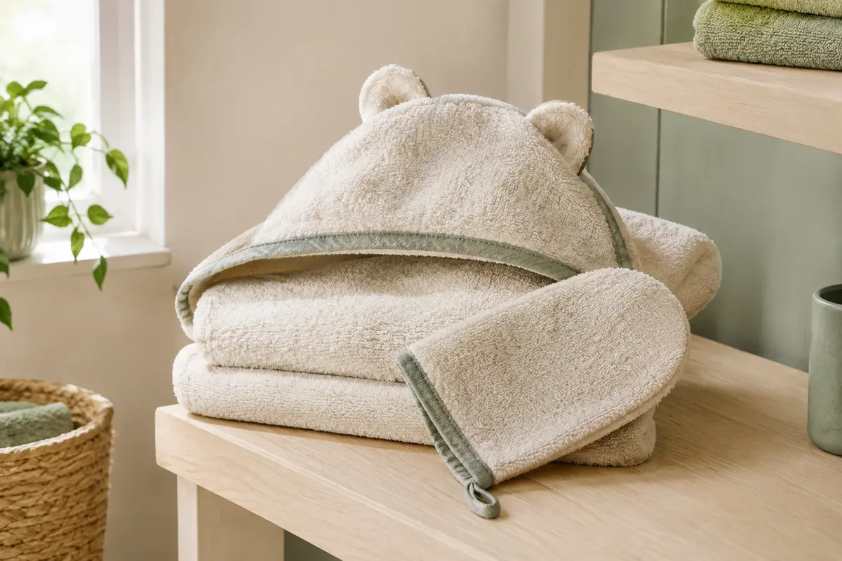 Cape de bain à capuche et gant assorti pliés dans une salle de bain claire