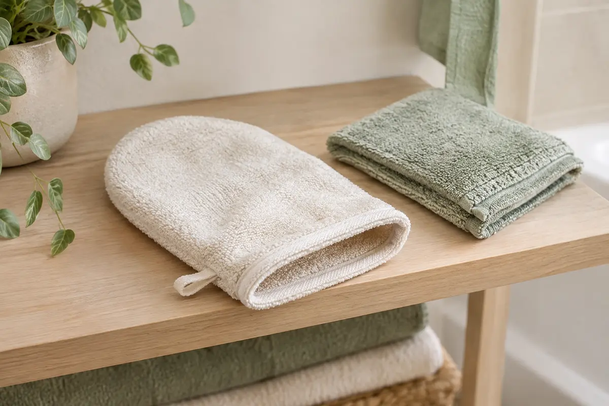 Gant de toilette bébé clair posé à plat, avec son ouverture et ses finitions visibles