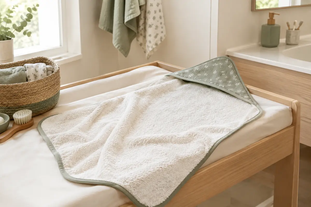 Serviette souple pour bébé dépliée sur une table à langer dans une salle de bains claire