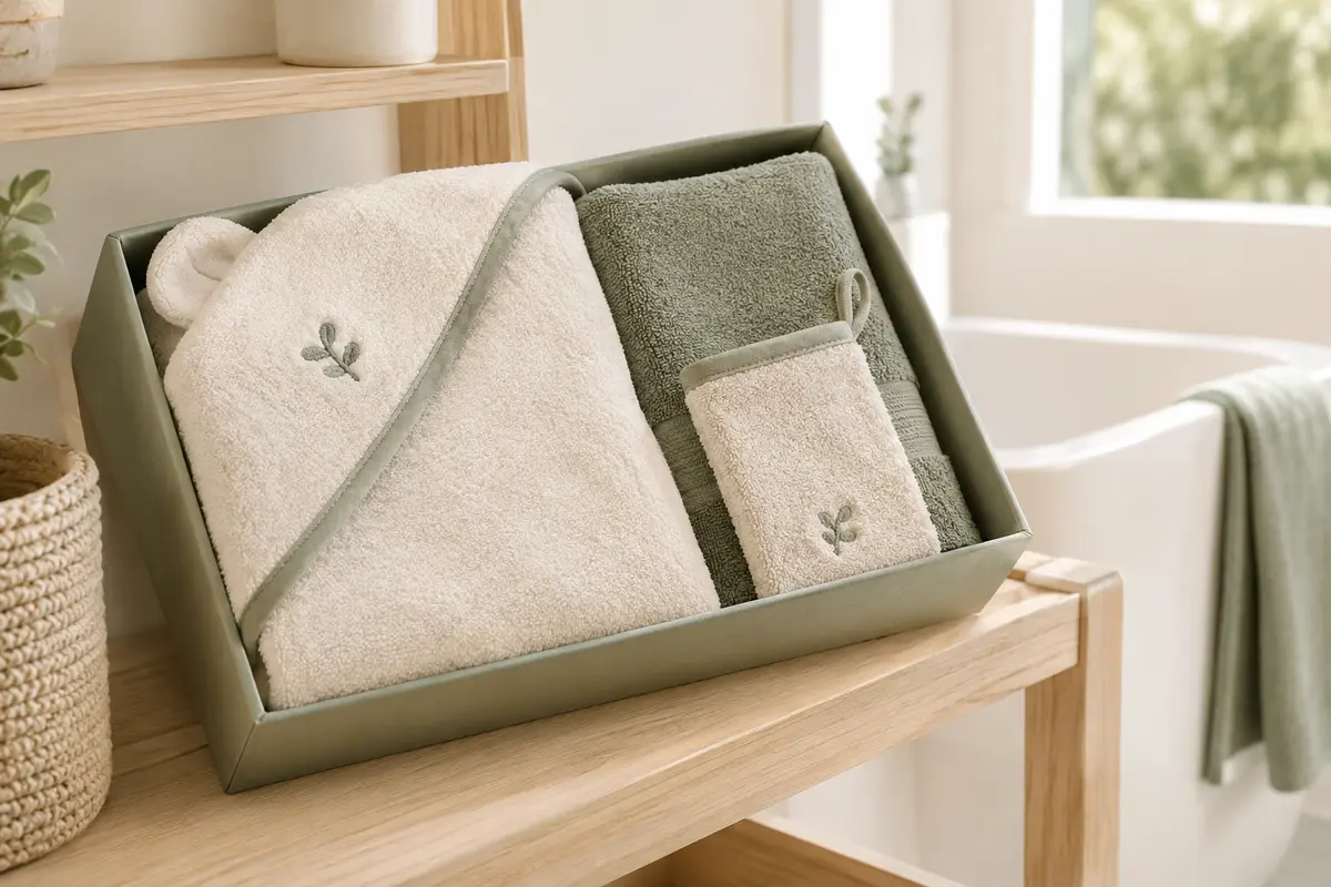 Coffret de linge de bain pour bébé avec cape à capuche, serviette et gant pliés