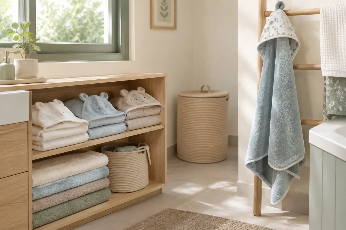 Capes et serviettes de bain pour bébé pliées et suspendues à sécher dans une salle de bain