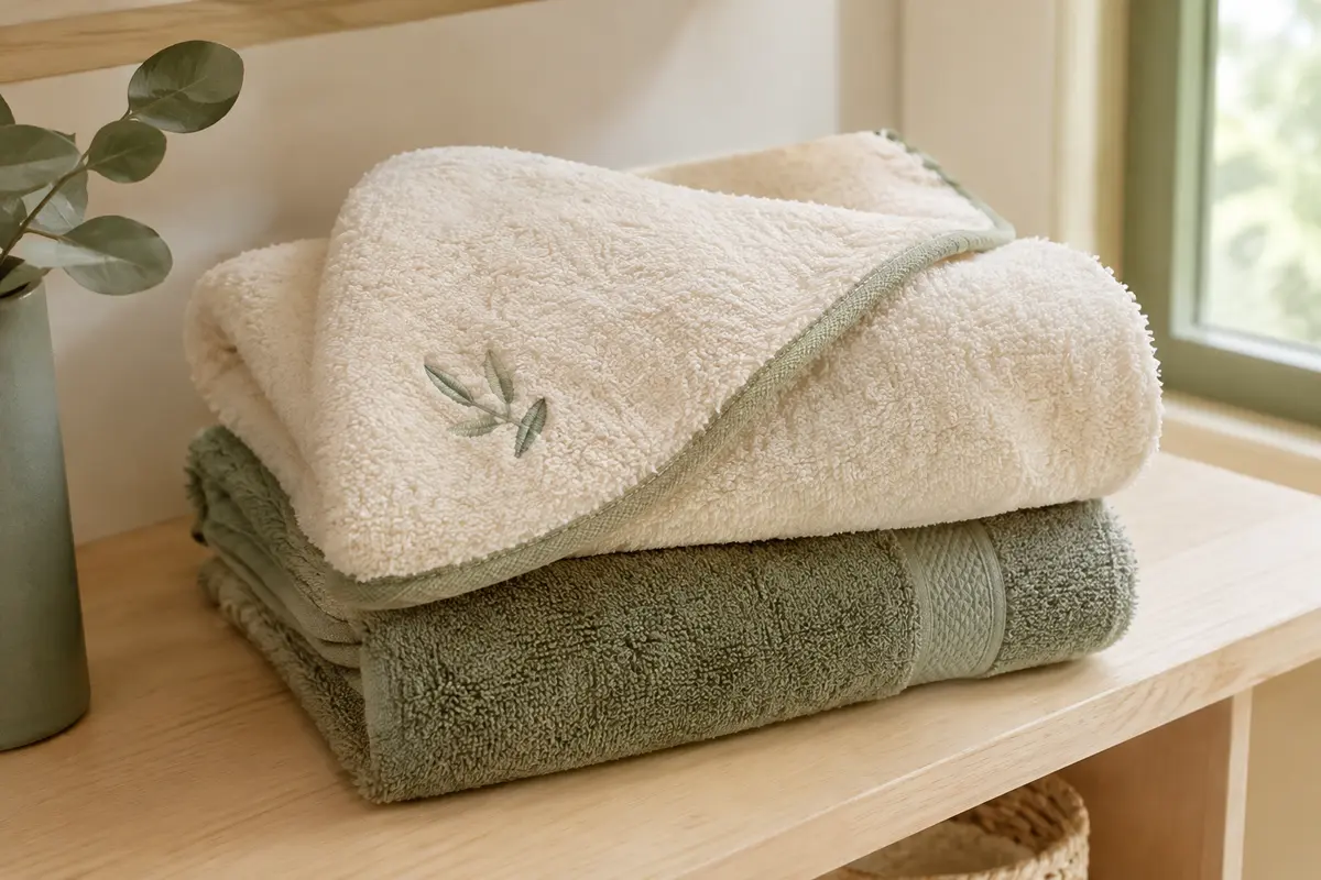 Deux serviettes de bain pour bébé pliées côte à côte, avec des textures et des teintes neutres.