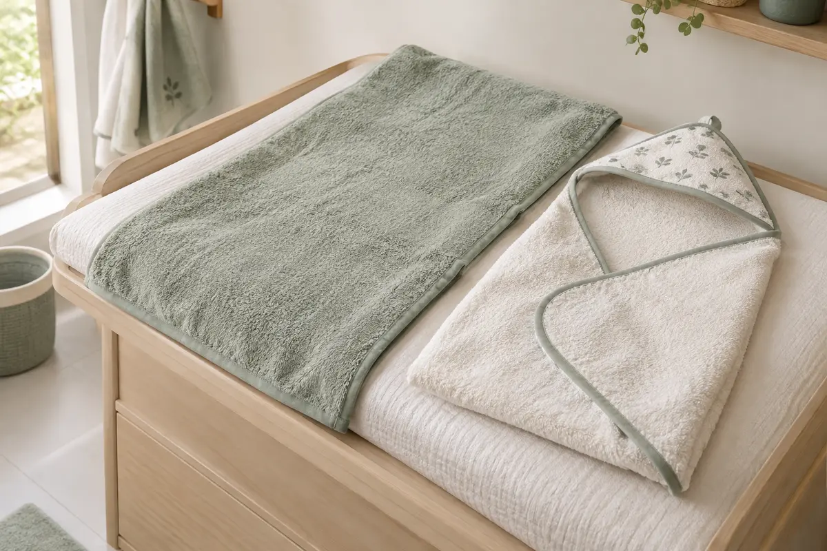 Serviette dépliée et cape de bain pour bébé avec capuche, présentées côte à côte