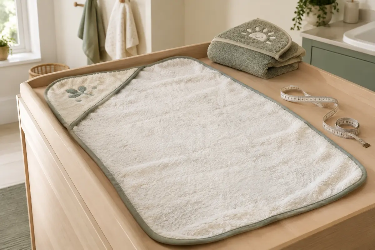 Serviette de bain et cape pour bébé posées à plat près d’un mètre ruban pour comparer leurs dimensions