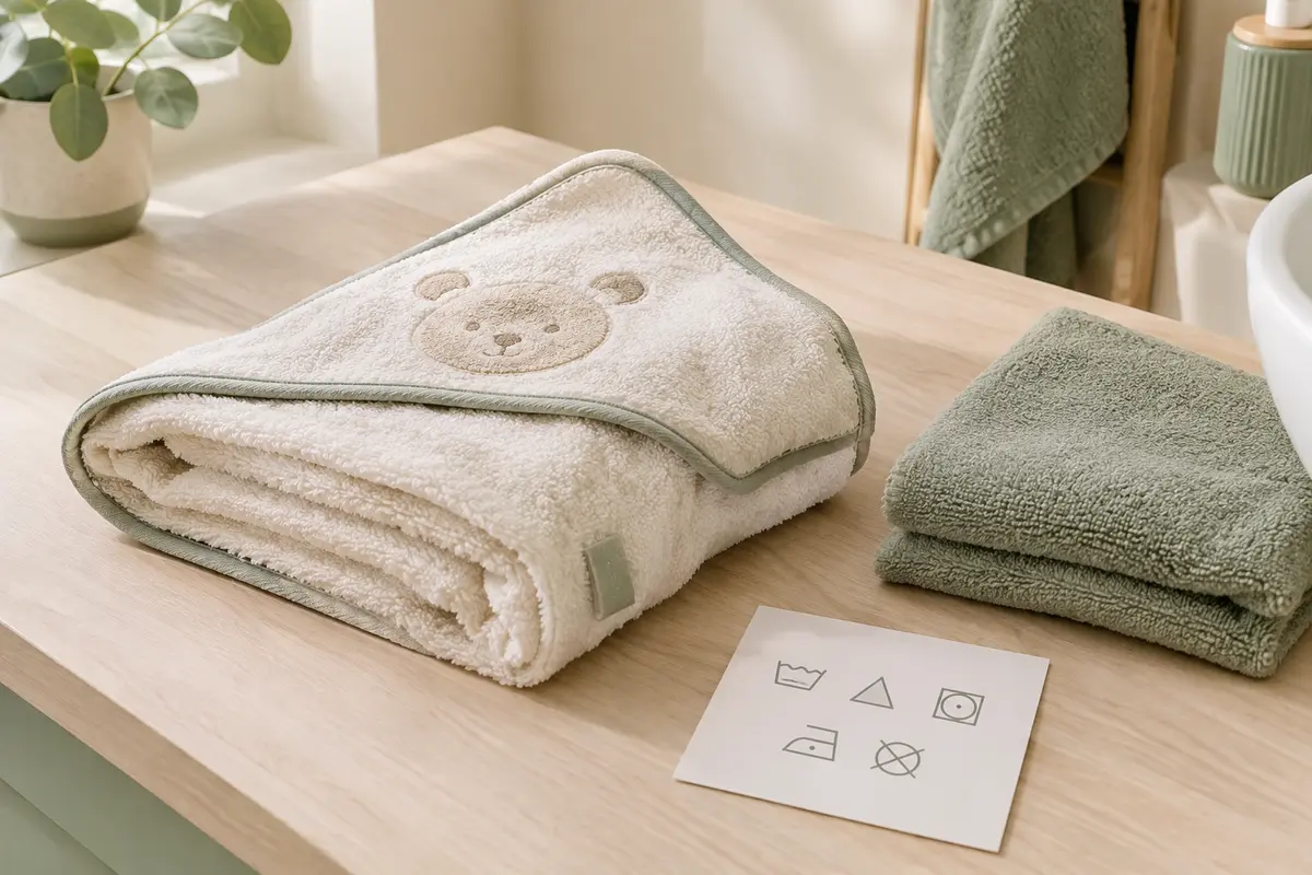 Cape de bain pour bébé pliée avec une étiquette textile visible, près d’une serviette claire.