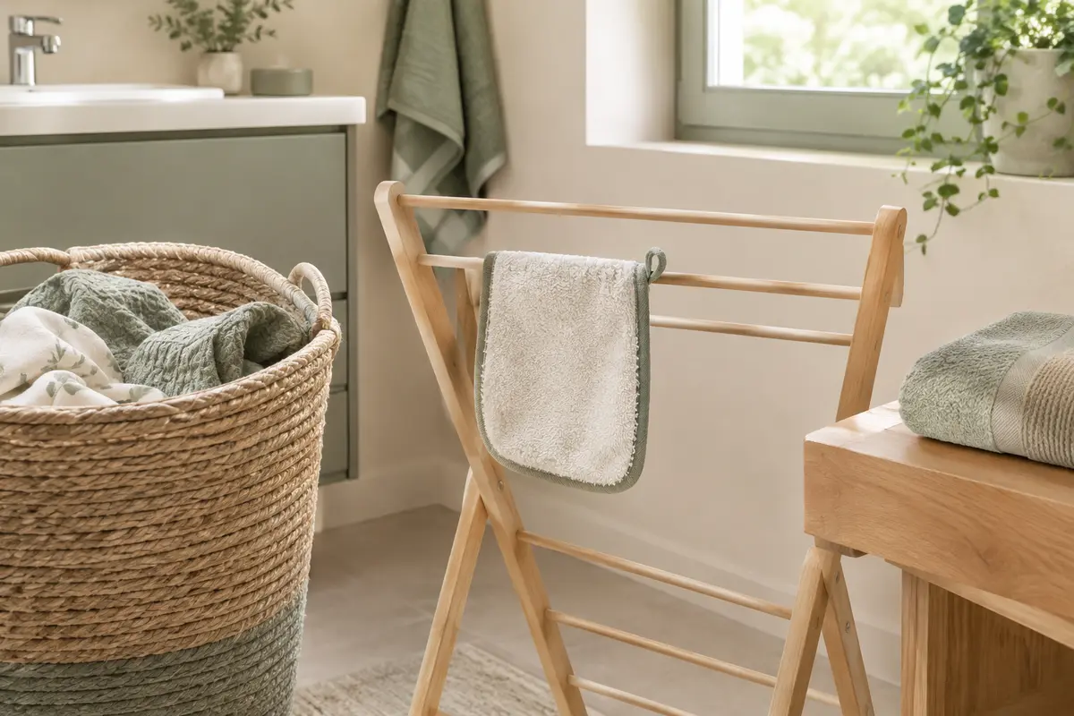 Un gant de toilette pour bébé étalé sur un séchoir dans une salle de bain lumineuse et aérée