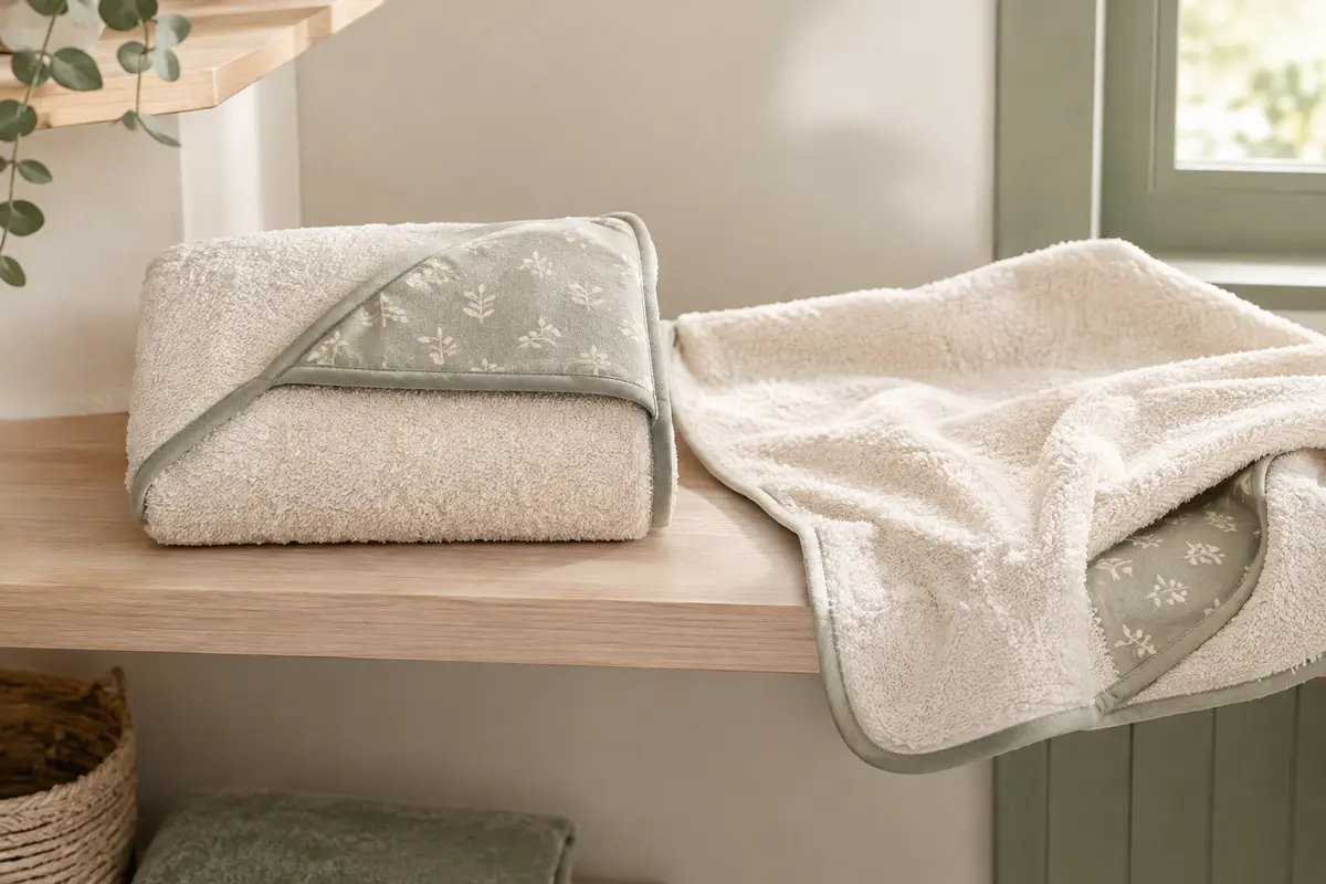 Serviettes de bain pour bébé pliées et dépliées, montrant leur texture éponge et leurs finitions