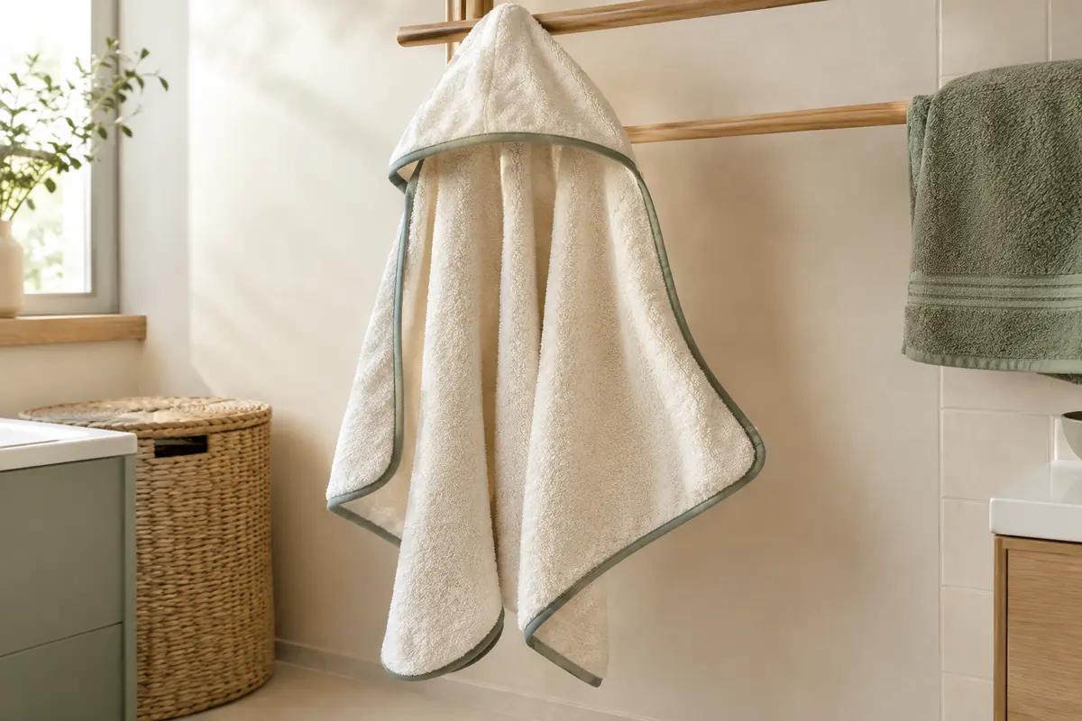 Cape de bain pour bébé étendue pour sécher, capuche ouverte et tissu éponge visible