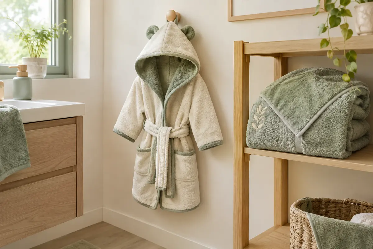 Peignoir à manches et cape de bain pour bébé posés côte à côte dans une salle de bain claire