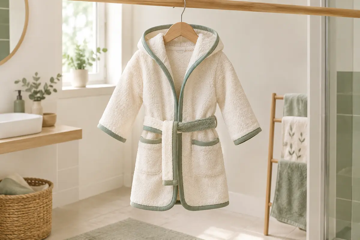 Petit peignoir de bain pour bébé à capuche, en éponge crème bordée de vert sauge, suspendu à un cintre en bois sur une tringle pour sécher dans une salle de bain claire et aérée.