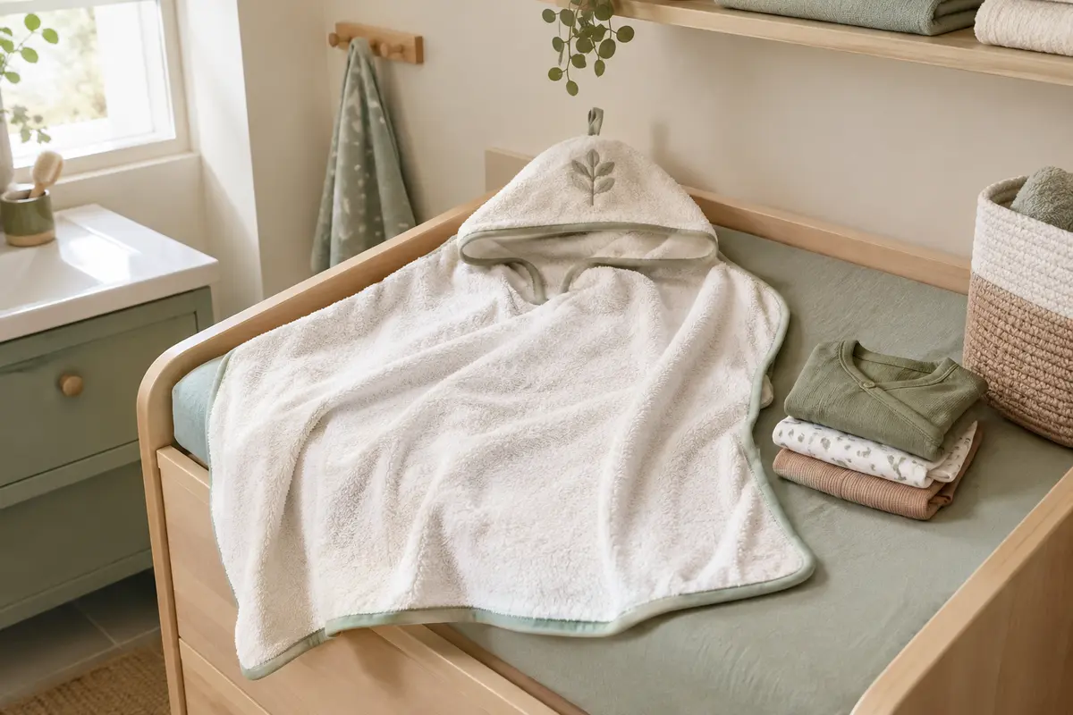 Cape de bain et vêtements secs préparés sur une table à langer pour la sortie du bain en hiver