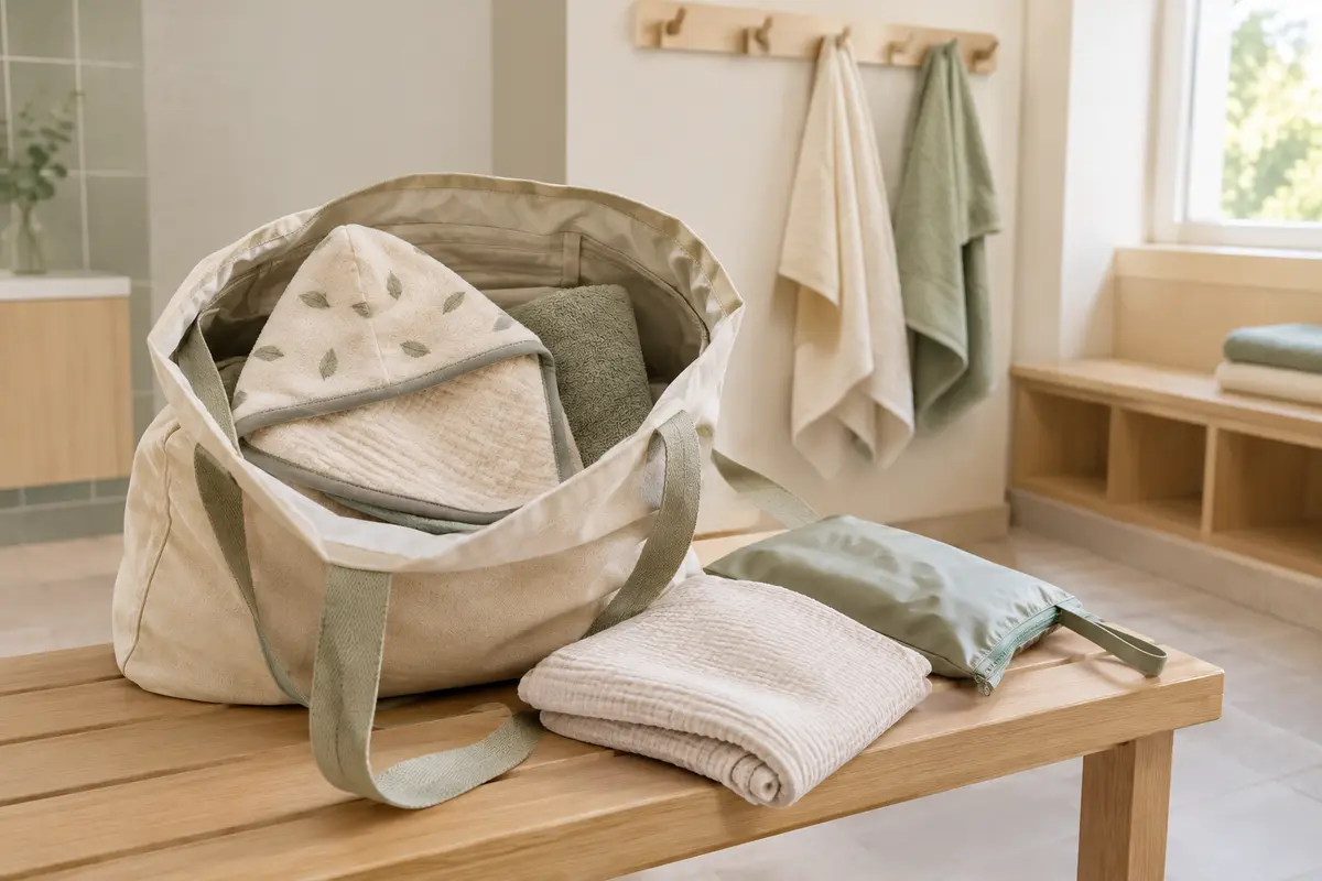 Sac de piscine ouvert avec une cape à capuche et une serviette pliées pour bébé