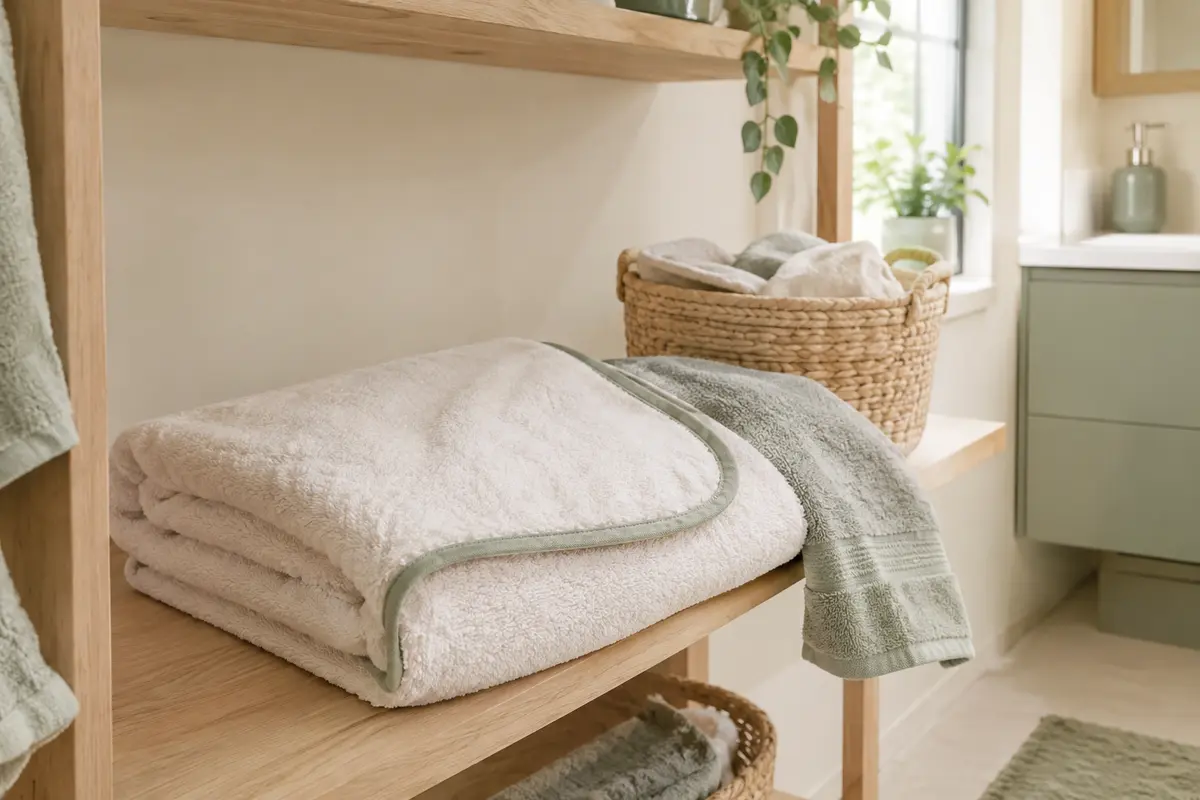 Lange de bain absorbant plié à côté d’une serviette dans une salle de bain claire.