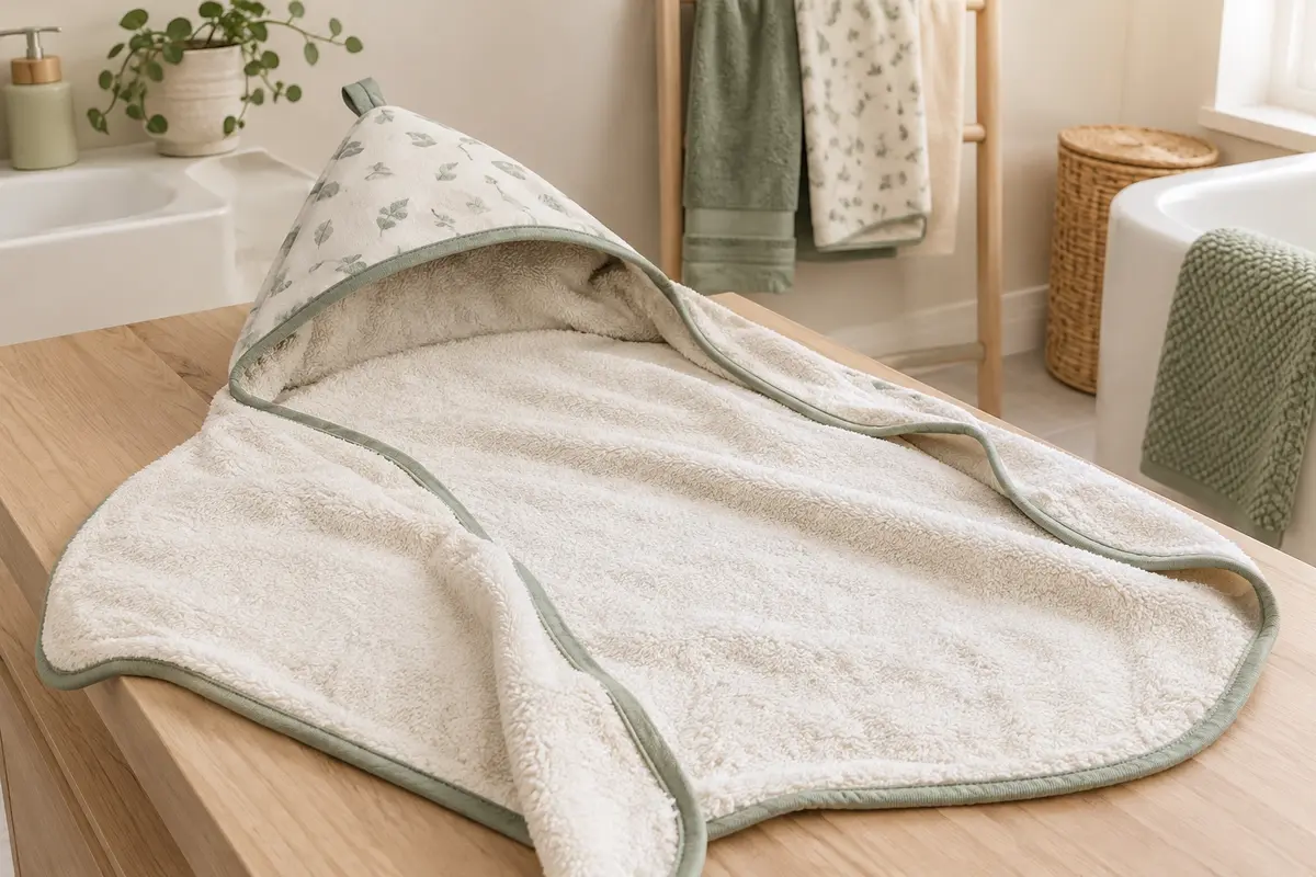 Cape de bain pour bébé dépliée, avec coutures, bordures et jonction de capuche visibles