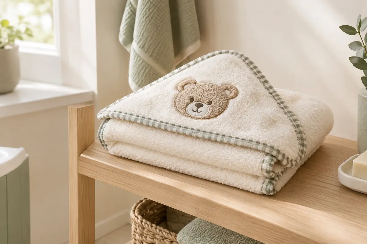 Cape de bain en coton éponge avec capuche ornée d’un ours en relief et bordure vichy