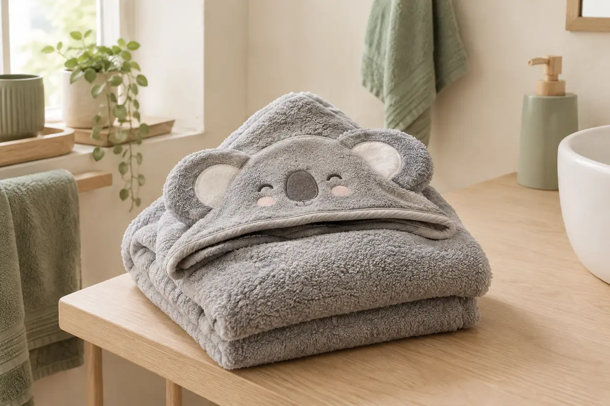Cape de bain bébé grise en polaire corail, pliée sur du bois clair avec sa capuche koala visible.