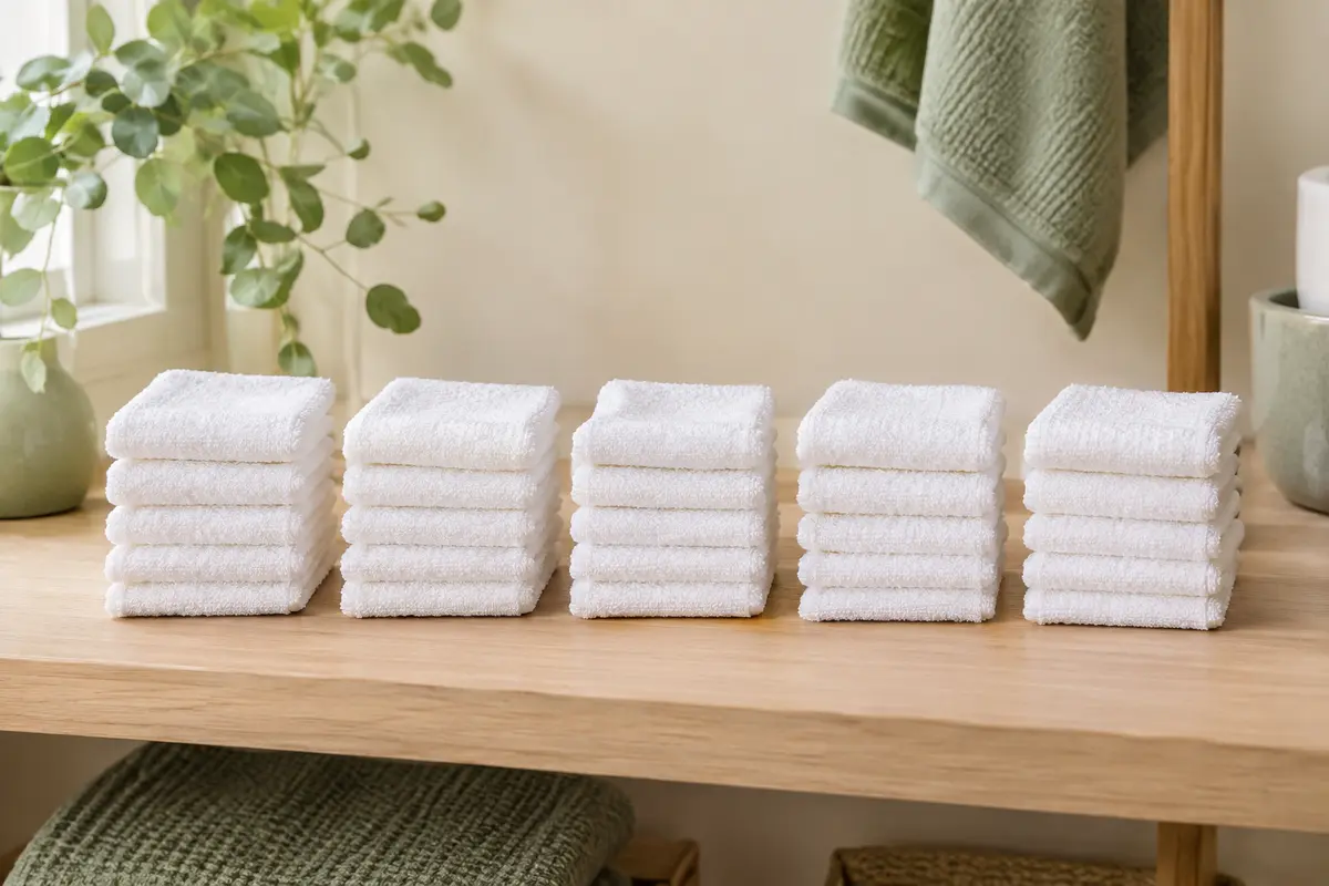 Vingt-cinq petits carrés de toilette blancs en coton éponge, pliés en cinq piles sur une tablette en bois clair
