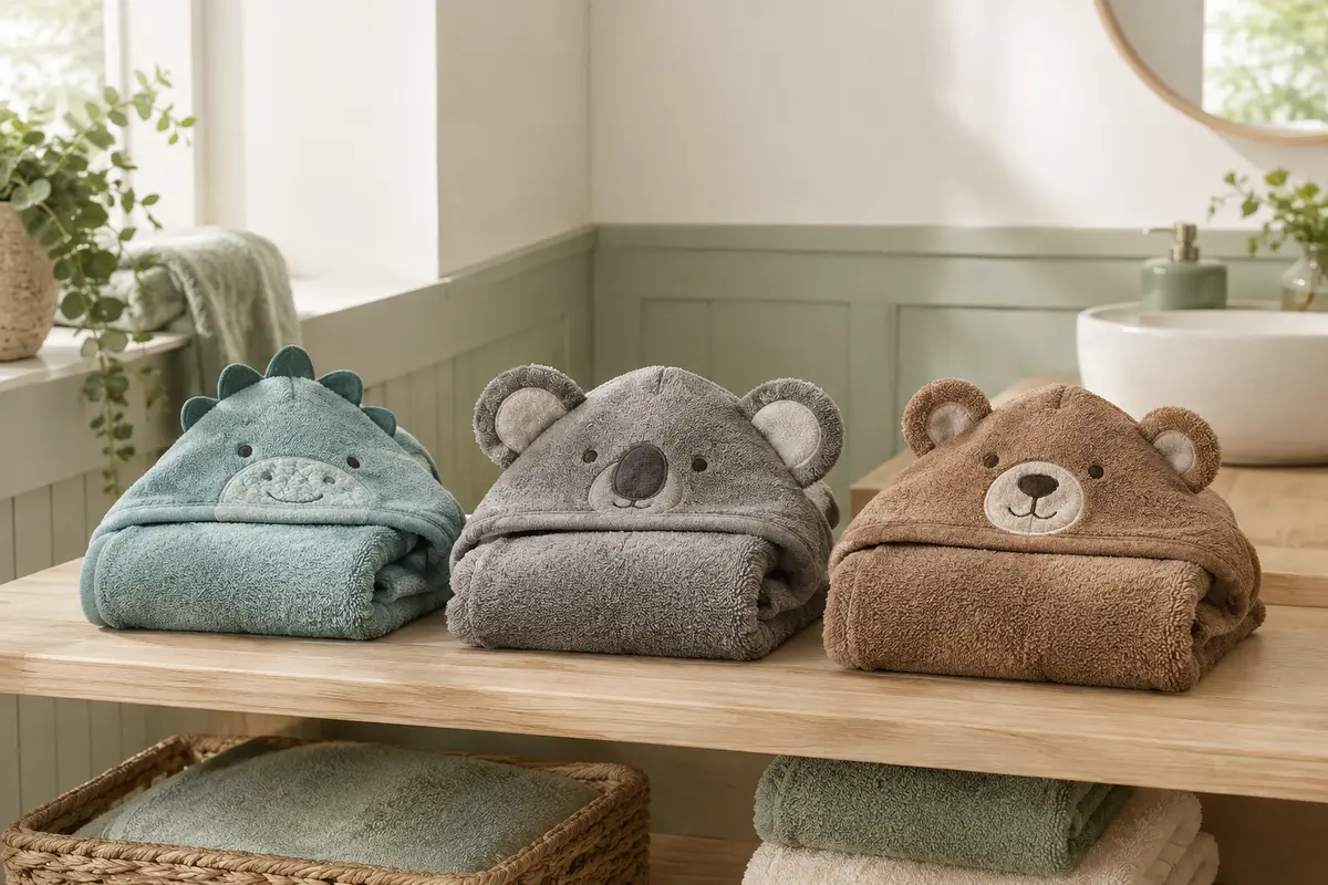 Trois serviettes de bain à capuche en polaire, à motifs d’animaux et aux tons cyan, gris foncé et café.