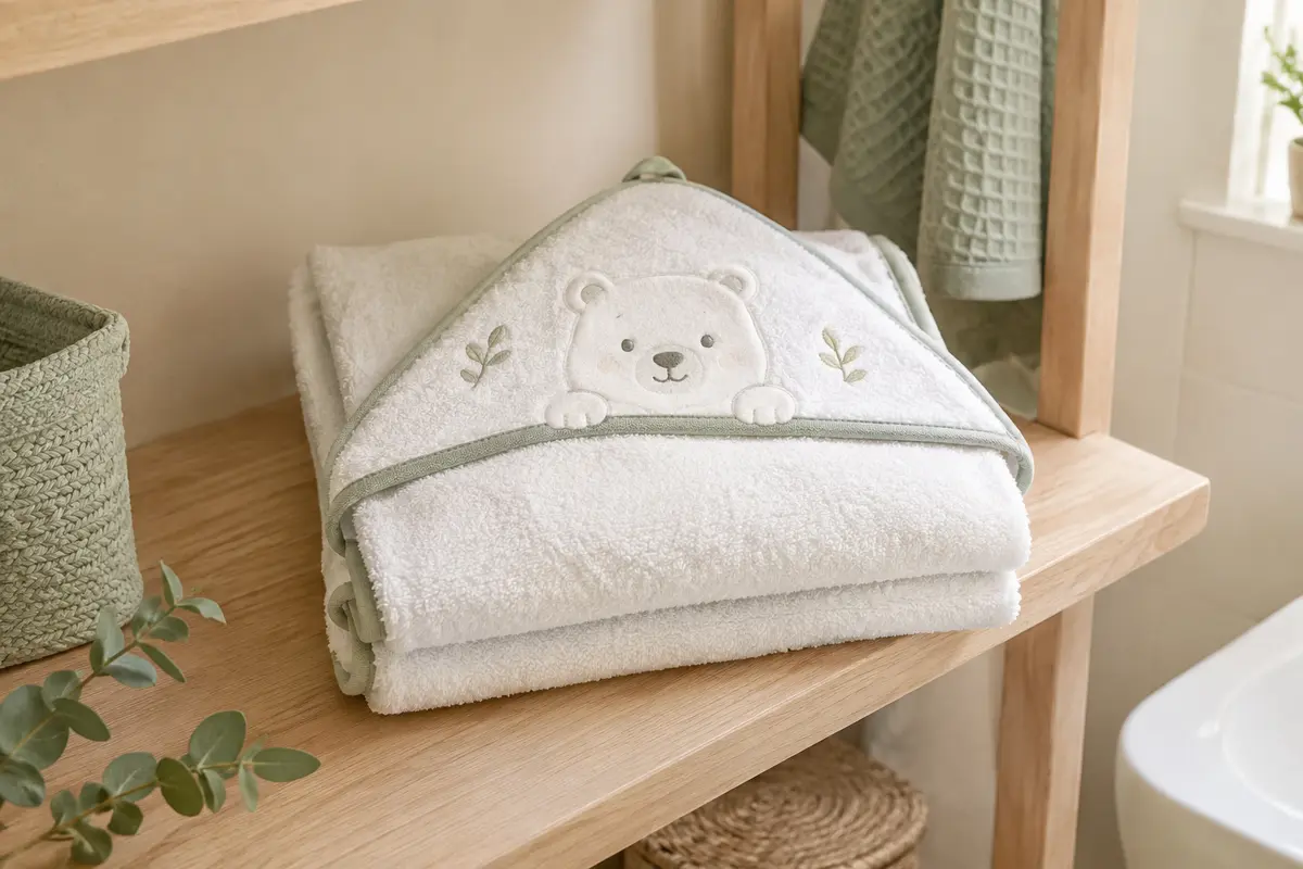 Cape de bain blanche en coton avec capuche et motif d’ours, pliée sur une étagère en bois clair