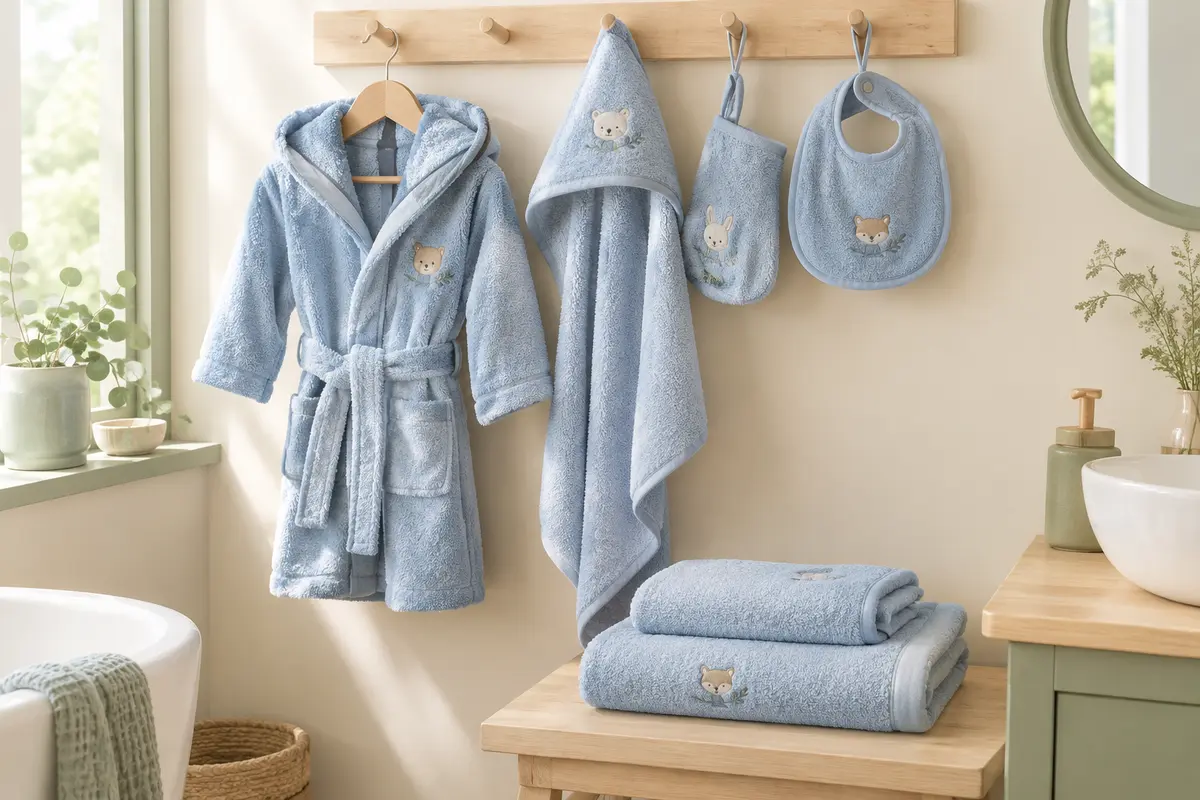 Ensemble de bain bébé bleu en coton avec peignoir, serviette à capuche, gant, bavoir et motifs animaliers brodés.