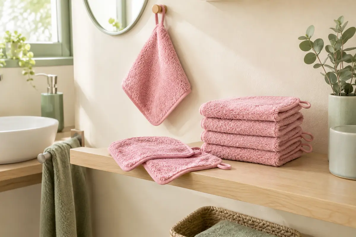 Gants de toilette en microfibre rose pliés et suspendus sur du bois clair dans une salle de bain lumineuse.
