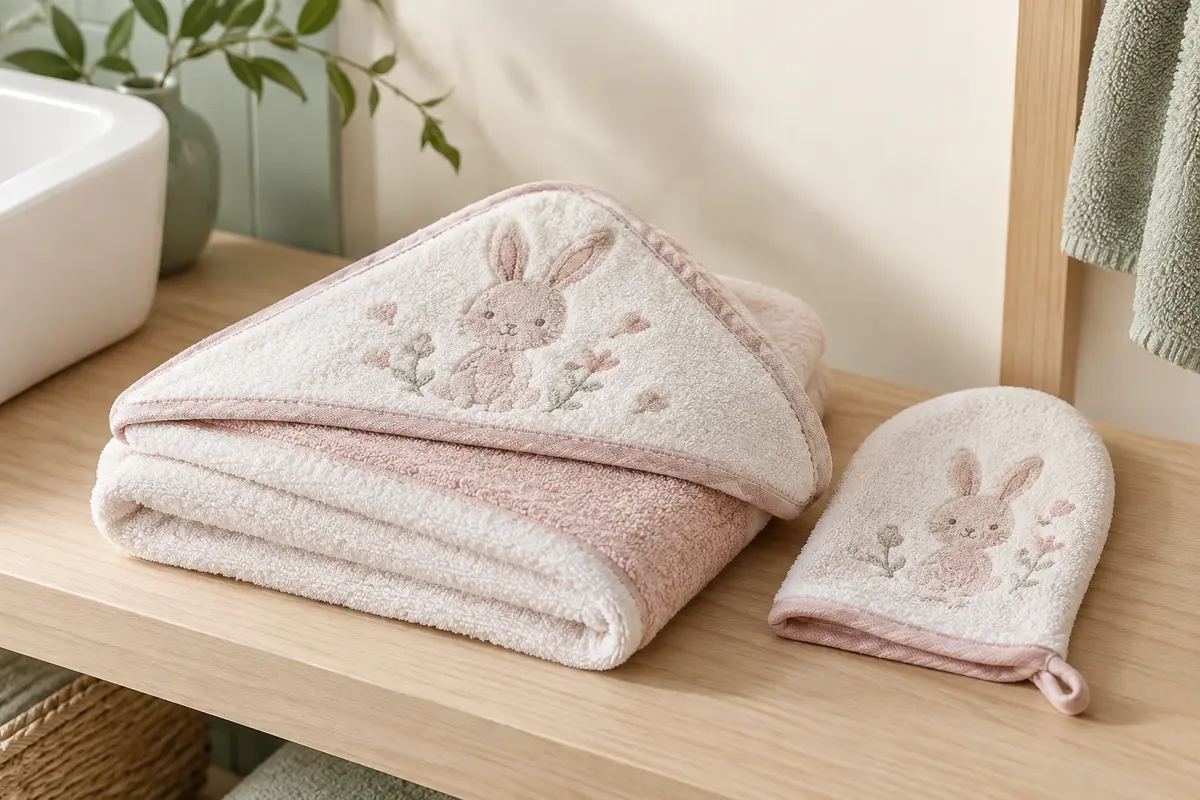Cape de bain à capuche en coton éponge et gant assorti, pliés sur une étagère en bois clair.