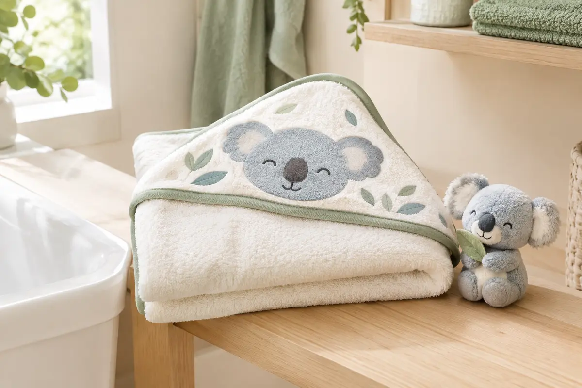 Cape de bain bébé en coton avec capuche koala et doudou assorti, posés sur du bois clair.