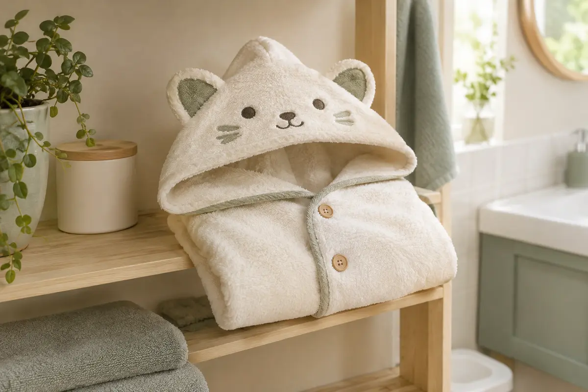 Poncho de bain blanc à capuche animale plié sur du bois clair dans une salle de bain lumineuse.