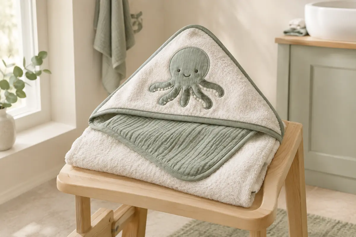 Cape de bain Fehn à capuche avec motif de poulpe, pliée sur un support en bois clair.