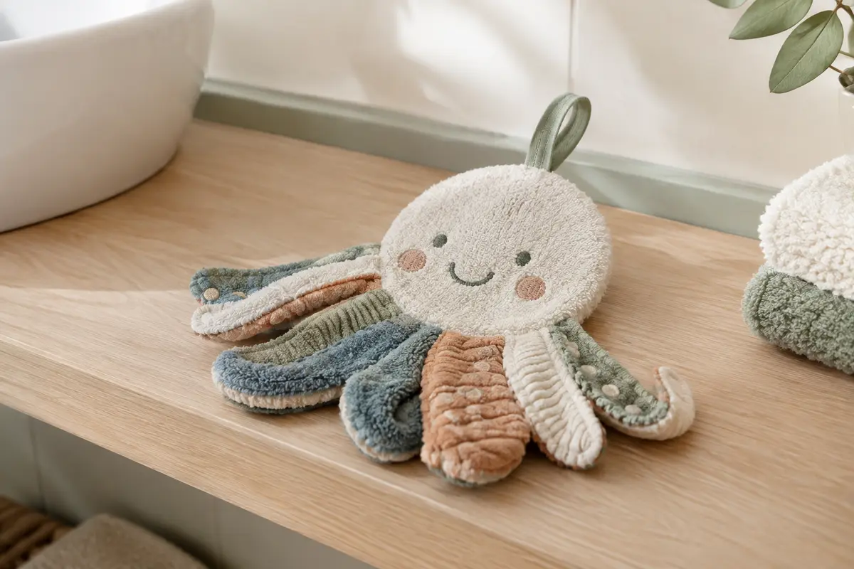 Gant de toilette bébé en forme de pieuvre multicolore, posé sur du bois clair dans une salle de bain lumineuse.