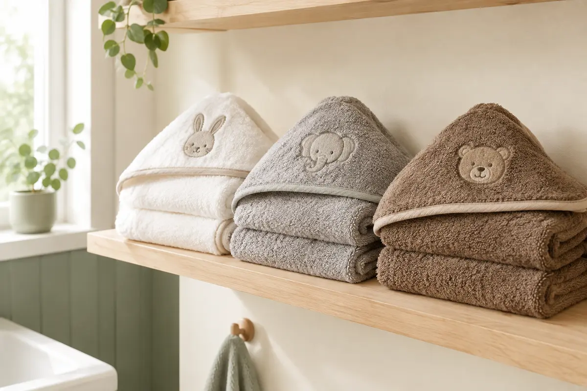 Trois capes de bain à capuche, blanches, grises et marron, pliées sur une étagère en bois clair.