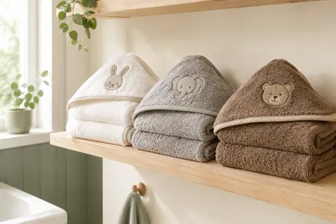 Trois capes de bain à capuche, blanches, grises et marron, pliées sur une étagère en bois clair.