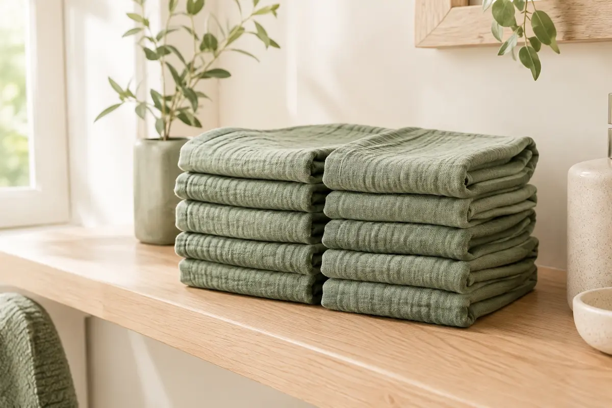 Dix carrés de toilette verts en mousseline de coton pliés sur une étagère en bois clair.
