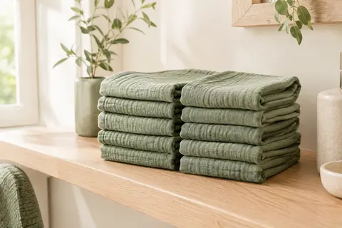 Dix carrés de toilette verts en mousseline de coton pliés sur une étagère en bois clair.